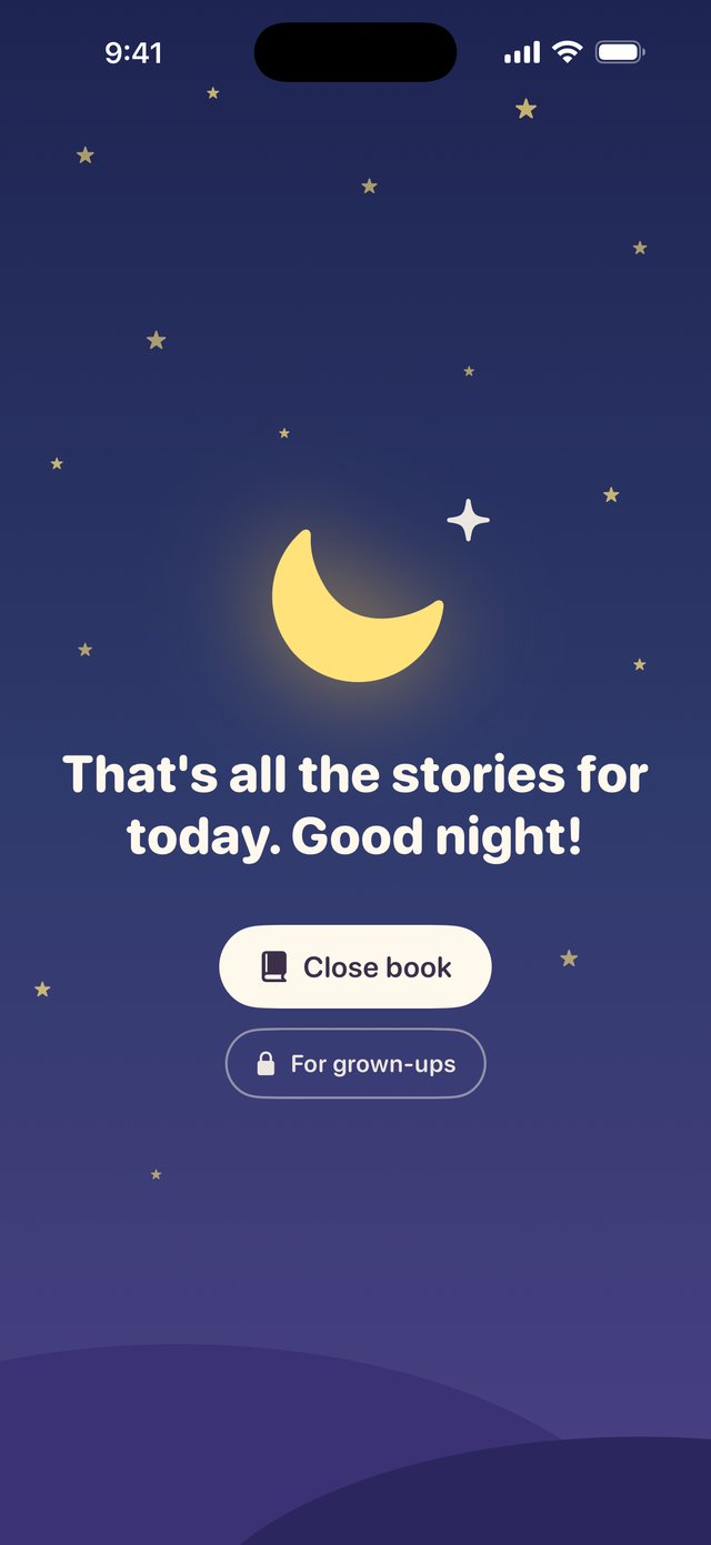 Good-night screen: a moon and stars with “That’s all the stories for today. Good night!” and the Close book and For grown-ups buttons