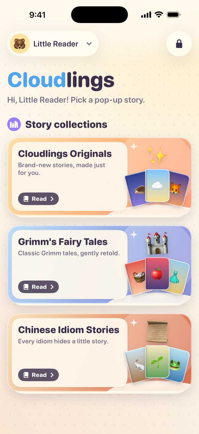 Cloudlings home screen with the story collections Cloudlings Originals, Grimm’s Fairy Tales and Chinese Idiom Stories, each with a Read button