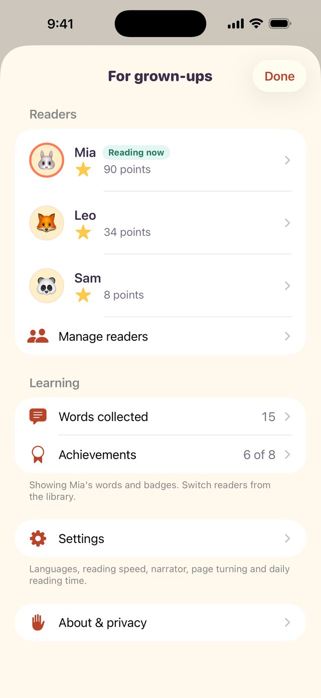 For grown-ups screen: readers with their points, words collected and achievements, plus Settings for languages, reading speed, narrator, page turning and daily reading time