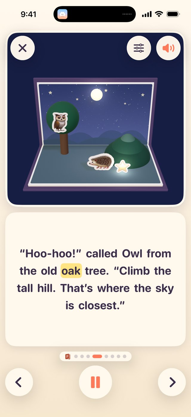 Reader screen: an owl in an old oak tree and a little hedgehog in a moonlit pop-up paper scene, with the story text below being read aloud and the current word highlighted